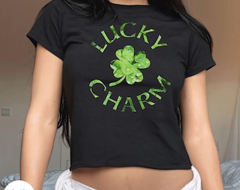 Lucky Charm T-Shirt, St Patricks Day Shirt Women, Four Leaf Clover Shamrock Cropped Top, St Pattys Day Drinking Baby Tee, Irish Shirt