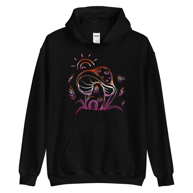 May include: Black hooded sweatshirt with a graphic of a mushroom house with a sun and flowers in a gradient of pink, orange, and yellow.