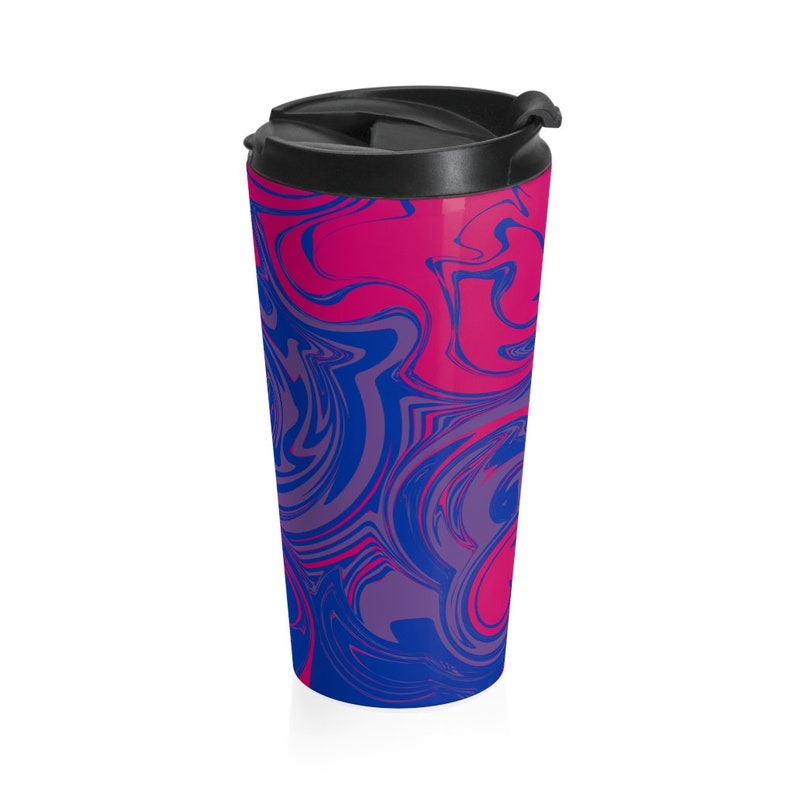 May include: A stainless steel travel mug with a black lid. The mug has a pink and blue abstract swirl pattern.