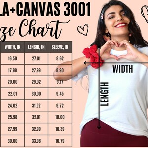 Puede incluir: Tabla de tallas Bella + Canvas 3001 con medidas en pulgadas para las tallas XS, S, M, L, XL, 2XL, 3XL y 4XL. La tabla muestra las medidas de ancho, largo y manga.