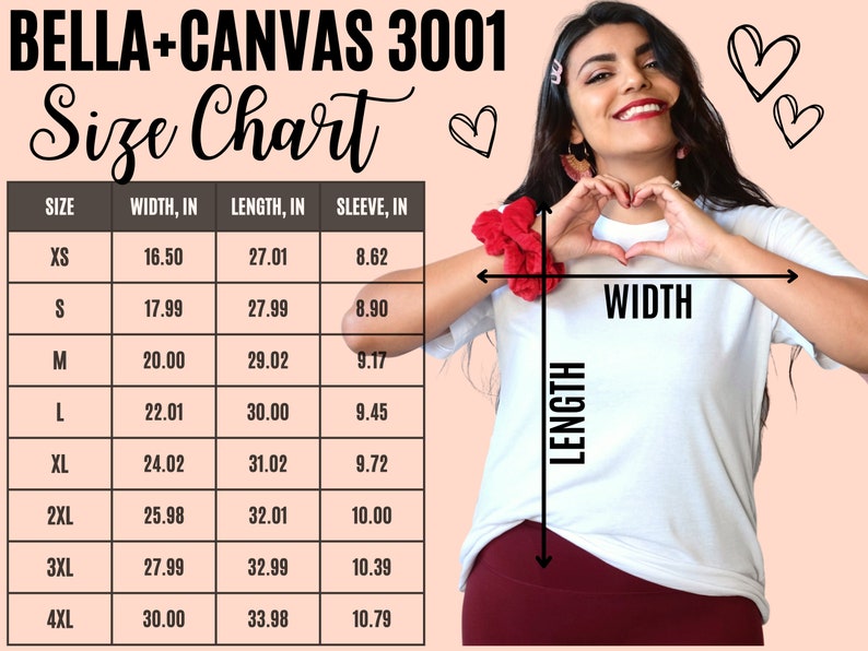 Puede incluir: Tabla de tallas Bella + Canvas 3001 con medidas en pulgadas para las tallas XS, S, M, L, XL, 2XL, 3XL y 4XL. La tabla muestra las medidas de ancho, largo y manga.