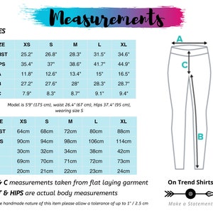 May include: A chart showing measurements in inches and centimeters for different sizes of leggings. The chart includes measurements for the waist, hips, and inseam. The chart also includes a diagram of the leggings with labels for the waist, hips, and inseam.