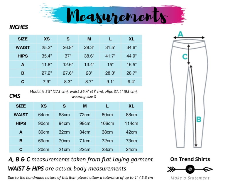 May include: A chart showing measurements in inches and centimeters for different sizes of leggings. The chart includes measurements for the waist, hips, and inseam. The chart also includes a diagram of the leggings with labels for the waist, hips, and inseam.