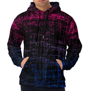 May include: A black hoodie with a gradient pattern of pink, purple, and blue. The pattern is made up of small, vertical lines.