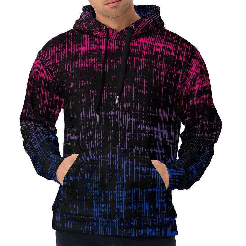 May include: A black hoodie with a gradient pattern of pink, purple, and blue. The pattern is made up of small, vertical lines.