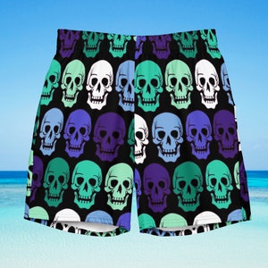 2xs - 6xl MLM Flag Skulls Mens Swim Trunks, gothic Gay Male Pride Swim Shorts, funny Gay Shorts, MLM Pride Beachwear, Gay Pride Beach Shorts