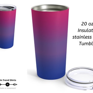 May include: A 20 ounce stainless steel tumbler with a pink to blue ombre design. The tumbler has a lid and is insulated.