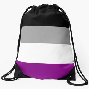 May include: A black, gray, white, and purple drawstring bag with a design that resembles the asexual pride flag.
