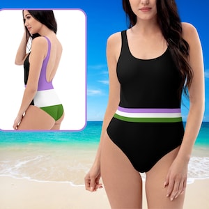 Black Genderqueer Flag Stripe one piece Swimsuit, Genderqueer Pride Flag Bathing Suit, Gender Queer Swimming Costume, LGBTQIA+ Swimwear Gear
