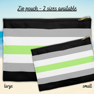 May include: Two zippered pouches with a green, white, grey, and black striped design. The larger pouch is labelled "large" and the smaller pouch is labelled "small".
