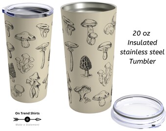 20oz Mushroom Tumbler, insulated Coffee Mug with Lid, vintage Mushrooms Illustration stainless steel Tumbler, Mycology Mushroom Travel Mug