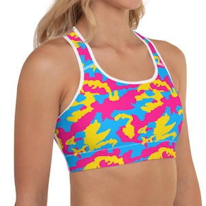 Camo Pansexual Sports Bra, subtle Pansexual Pride Activewear, Pansexual Flag Colors, Camouflage Pan Pride Gym Top, Pan Flag Workout Bra