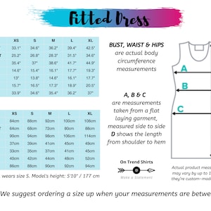 May include: Size chart for a fitted dress with measurements in inches and centimeters. The chart shows bust, waist, hips, and length measurements for sizes XS, S, M, L, and XL.