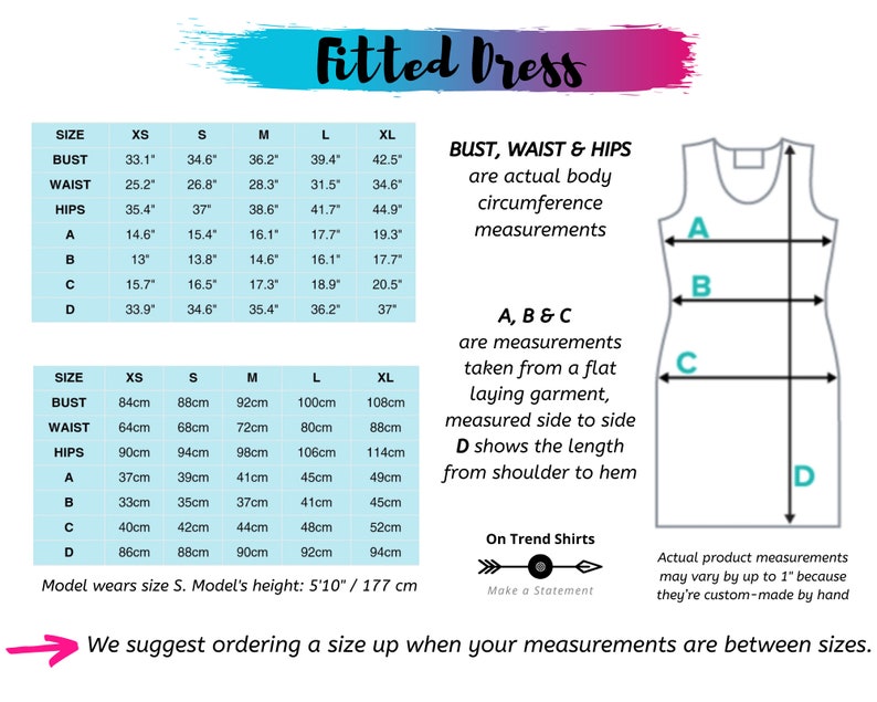 May include: Size chart for a fitted dress with measurements in inches and centimeters. The chart shows bust, waist, hips, and length measurements for sizes XS, S, M, L, and XL.