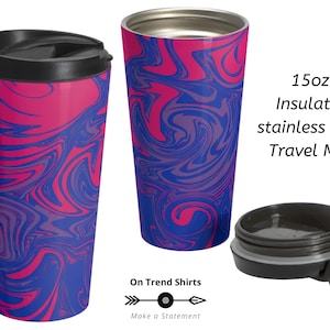 May include: A 15oz insulated stainless steel travel mug with a pink, blue, and purple abstract swirl design. The mug has a black lid with a flip top.