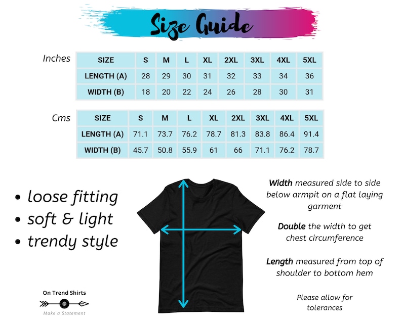 May include: Size chart for a t-shirt with measurements in inches and centimetres. The chart shows the length and width of the shirt in different sizes, from small to 5XL. The chart also includes a diagram of a t-shirt with arrows indicating where the measurements are taken.
