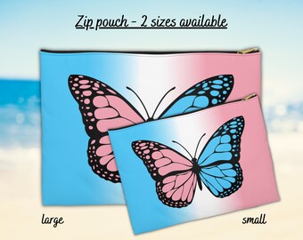 May include: Two zippered pouches with a butterfly design. The larger pouch is blue and pink with a black butterfly. The smaller pouch is the same design but in a smaller size. The text "Zip pouch - 2 sizes available" is at the top of the image. The text "large" is below the larger pouch and the text "small" is below the smaller pouch.