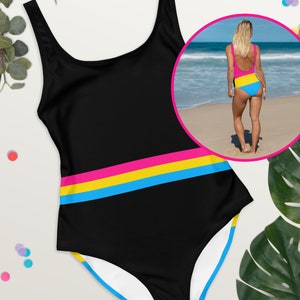 Black Pansexual Flag Stripe one piece Swimsuit, Pansexual Pride Flag Bathing Suit, Pan Pride Swimming Costume, LGBTQIA+ Swimwear & Beachwear