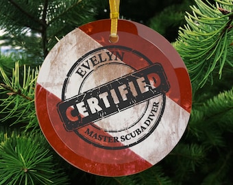 Adorno de cristal personalizado de buceador maestro certificado, regalo de Navidad para buceadores, regalo de buceo, adorno navideño de buceador de aguas profundas
