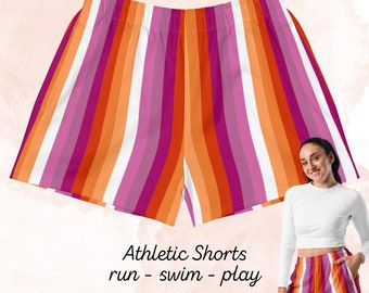 Athletic Lesbian Shorts, Community Lesbian Sunset Flag Festival Shorts, Lesbian Pride Sports Wear, Lesbian Flag Stripes Run Swim Gym Workout