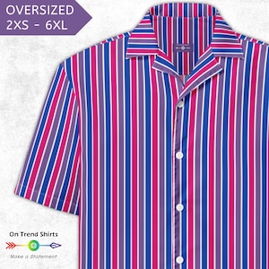 May include: Oversized short-sleeve shirt with vertical stripes in purple, pink, blue, and white. The shirt has a button-down front and a camp collar. The text "OVERSIZED 2XS - 6XL" is in the upper left corner. The text "On Trend Shirts" and "Make a Statement" are in the lower left corner.