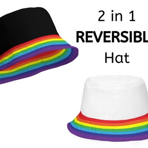 2 in 1 reversible Pride Bucket Hat, Rainbow Flag Brim, LGBT Hat, Gay Pride Hat, LGBTQ+ Pride Ally Gay Flag Merch, Pride March Accessories