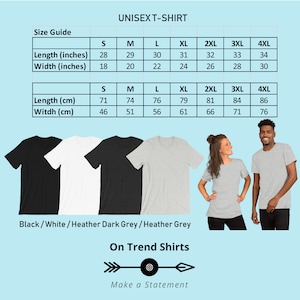 K&ouml;nnte beinhalten: Unisex-T-Shirt Gr&ouml;&szlig;entabelle in Zoll und Zentimetern. Die Tabelle zeigt die L&auml;nge und Breite des Shirts in verschiedenen Gr&ouml;&szlig;en von S bis 4XL. Die Farben der Shirts sind Schwarz, Wei&szlig;, Dunkelgrau meliert und Grau meliert.