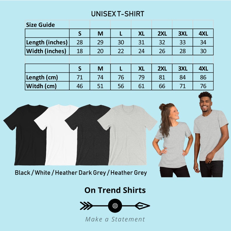 K&ouml;nnte beinhalten: Unisex-T-Shirt Gr&ouml;&szlig;entabelle in Zoll und Zentimetern. Die Tabelle zeigt die L&auml;nge und Breite des Shirts in verschiedenen Gr&ouml;&szlig;en von S bis 4XL. Die Farben der Shirts sind Schwarz, Wei&szlig;, Dunkelgrau meliert und Grau meliert.