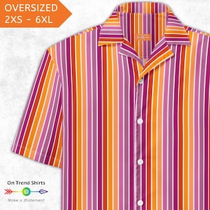 May include: Oversized short-sleeve shirt with vertical stripes in shades of orange, pink, and white. The shirt has a camp collar and white buttons. The text "OVERSIZED 2XS - 6XL" is in the upper left corner. The text "On Trend Shirts" and "Make a Statement" are in the lower left corner.