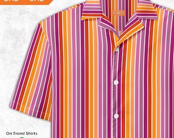 Camisa de rayas con la bandera del orgullo lésbico, camisa sutil con botones y rayas, camisa hawaiana con la bandera del atardecer lésbico.