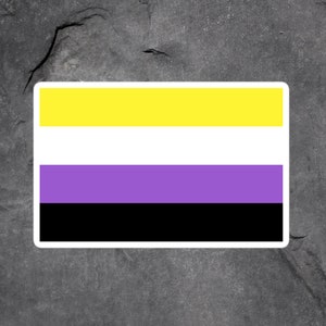 May include: A sticker featuring a yellow, white, purple and black horizontal striped flag. The flag is a symbol of non-binary gender identity.
