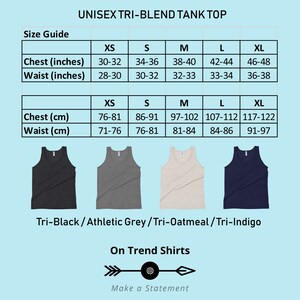 K&ouml;nnte beinhalten: Gr&ouml;&szlig;entabelle f&uuml;r ein Unisex Tri-Blend Tanktop in Schwarz, Sportgrau, Haferflocken und Indigo. Die Tabelle zeigt Brust- und Taillenma&szlig;e in Zoll und Zentimetern f&uuml;r die Gr&ouml;&szlig;en XS, S, M, L und XL.