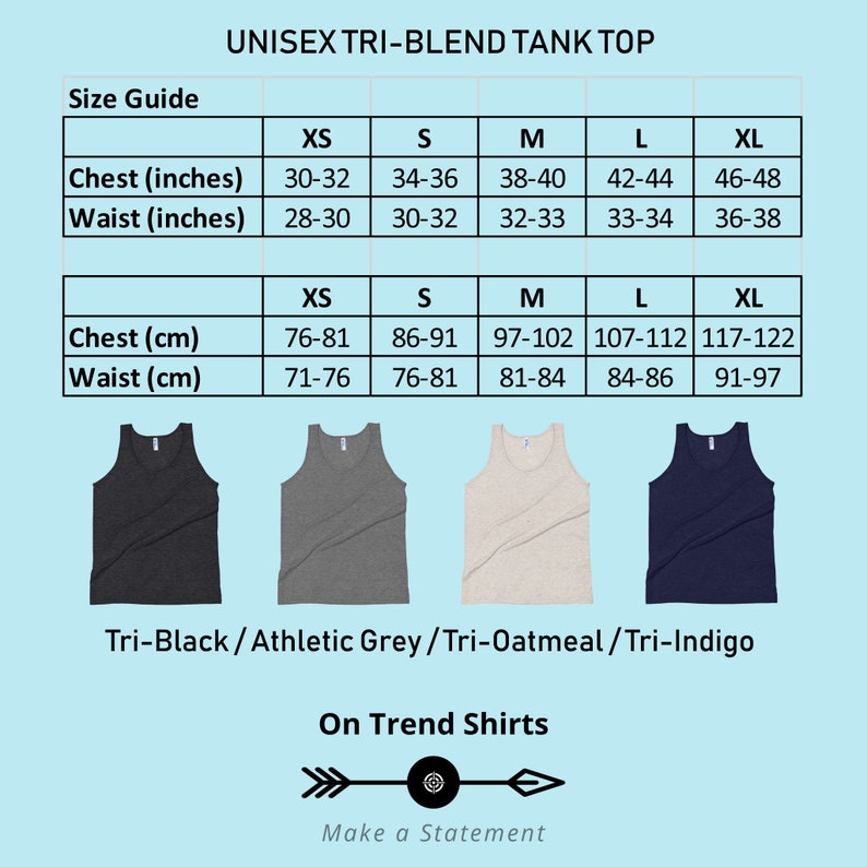 K&ouml;nnte beinhalten: Gr&ouml;&szlig;entabelle f&uuml;r ein Unisex Tri-Blend Tanktop in Schwarz, Sportgrau, Haferflocken und Indigo. Die Tabelle zeigt Brust- und Taillenma&szlig;e in Zoll und Zentimetern f&uuml;r die Gr&ouml;&szlig;en XS, S, M, L und XL.