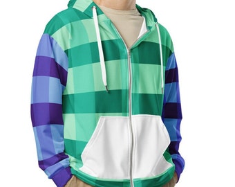 May include: A green and blue checkered zip-up hoodie with a white pocket on the front.