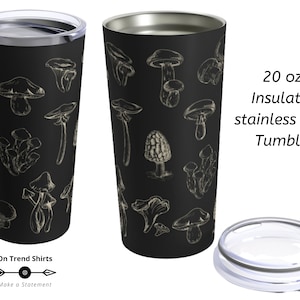 20oz Mushroom Tumbler, insulated Coffee Mug with Lid, vintage Mushrooms Illustration stainless steel Tumbler, Mycology Mushroom Travel Mug