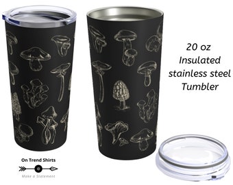 20oz Mushroom Tumbler, insulated Coffee Mug with Lid, vintage Mushrooms Illustration stainless steel Tumbler, Mycology Mushroom Travel Mug