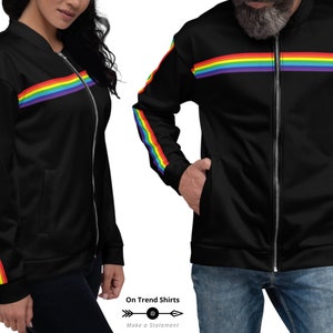Rainbow Flag Jacket, classic retro style black Rainbow Stripe Jacket, lightweight zip up Bomber Jacket, LGBT Pride Jacket, Gay Pride Merch