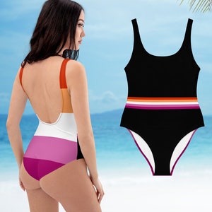 Black Lesbian Flag Stripe one piece Swimsuit, Lesbian Pride Flag Bathing Suit,  Community Lesbian Swimming Costume, Lesbian Sunset Flag Wear