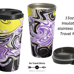 May include: A 15oz insulated stainless steel travel mug with a black, yellow, purple, and white abstract swirl design. The mug has a black lid with a flip top.