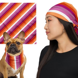 May include: A dog wearing a pink, orange and white striped bandana. The bandana has a diagonal stripe pattern. A person is wearing a matching bandana on their head.