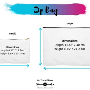 May include: Two white zippered pouches with black trim and gold zippers. The smaller pouch measures 8.35 inches by 5.99 inches and the larger pouch measures 11.82 inches by 8.35 inches. Both pouches have black text that reads "Dimensions" and lists the measurements in inches and centimeters.