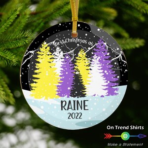 Nonbinary Glass Ornament, Non Binary Christmas Ornament, Enby Pride Winter Forest Landscape Holiday Ornaments, subtle Non-Binary Flag Colors