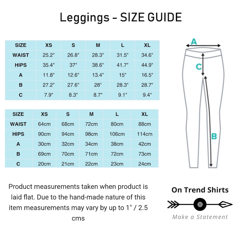 May include: Size chart for leggings with measurements in inches and centimeters. The chart shows waist, hips, and inseam measurements for sizes XS to XL.