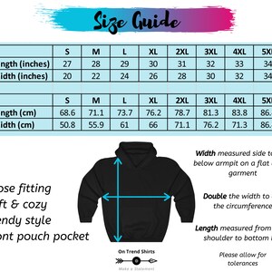 May include: Size chart for a black hooded sweatshirt with a front pouch pocket. The chart shows measurements in inches and centimeters for sizes S through 5XL. The chart also includes information about how to measure the width and length of the sweatshirt.