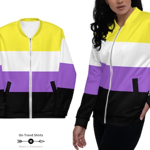 Nonbinary Flag Bomber Jacket, Nonbinary Clothes, Non Binary Clothing, Enby Pride Zip Up Jacket, Nonbinary Pride Wear, LGBTQ Queer Fashion