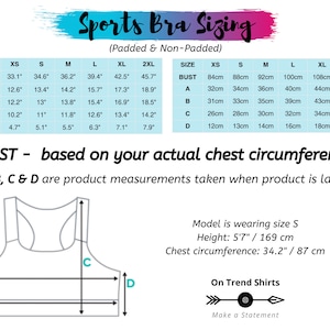 May include: Sports bra sizing chart with measurements in inches and centimeters. The chart shows bust, band, and cup sizes for XS to 2XL. A diagram shows how to measure the bust, band, and cup sizes.