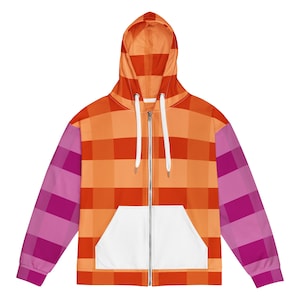 Subtle Lesbian Sunset Flag Plaid Color Block Full Zip Up Hoodie, Lesbian Pride Zipper Hoodie, discreet Lesbian Flag Zippered Sweat Jacket