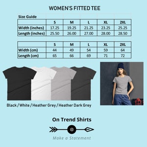K&ouml;nnte beinhalten: Gr&ouml;&szlig;entabelle f&uuml;r ein figurbetontes Damen-T-Shirt in Schwarz, Wei&szlig;, Heather Grey und Heather Dark Grey. Die Tabelle zeigt die Ma&szlig;e in Zoll und Zentimetern f&uuml;r die Gr&ouml;&szlig;en S, M, L, XL und 2XL.