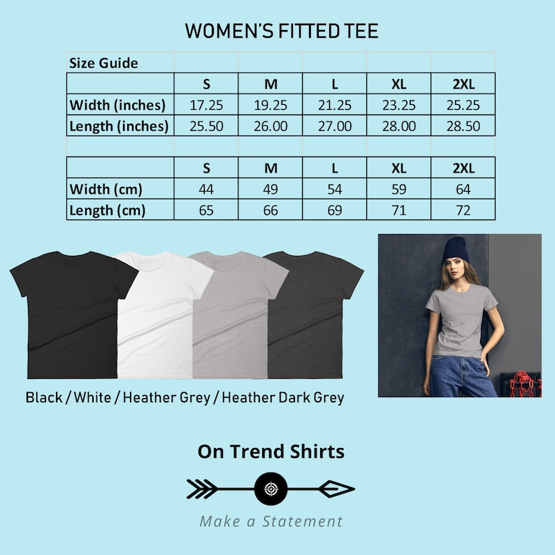 K&ouml;nnte beinhalten: Gr&ouml;&szlig;entabelle f&uuml;r ein figurbetontes Damen-T-Shirt in Schwarz, Wei&szlig;, Heather Grey und Heather Dark Grey. Die Tabelle zeigt die Ma&szlig;e in Zoll und Zentimetern f&uuml;r die Gr&ouml;&szlig;en S, M, L, XL und 2XL.