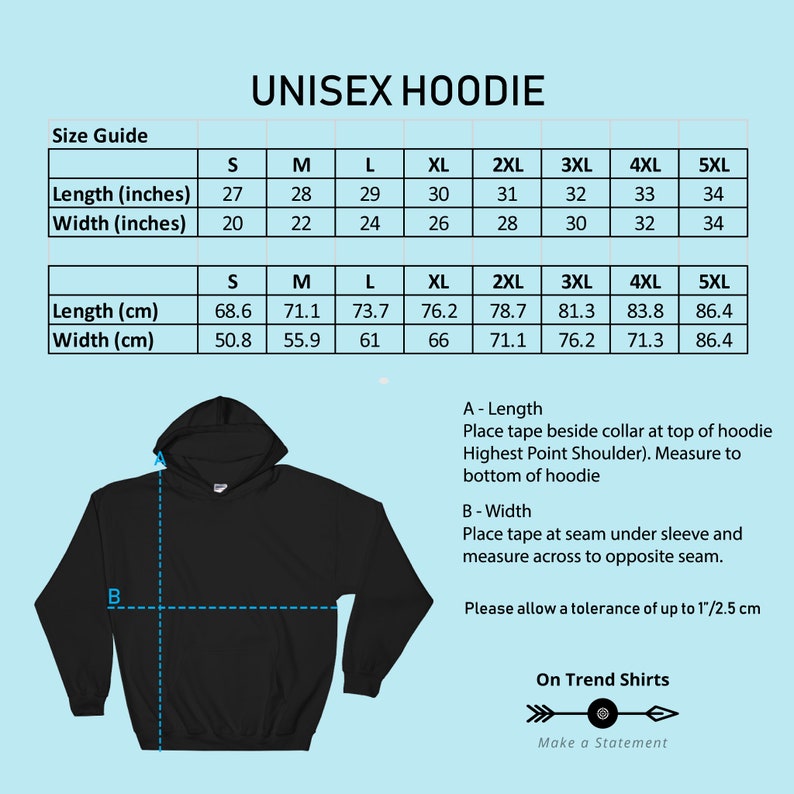 Puede incluir: Tabla de tallas para sudadera unisex en pulgadas y cent&iacute;metros. La tabla muestra la longitud y el ancho de la sudadera en diferentes tallas, de la S a la 5XL. La tabla tambi&eacute;n incluye un diagrama que muestra c&oacute;mo medir la longitud y el ancho de la sudadera.
